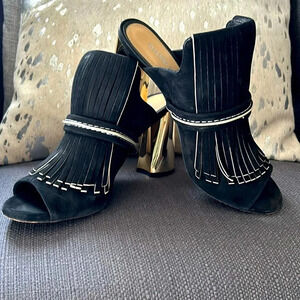Gianni Bini Black Fringe Gold Heel Mules